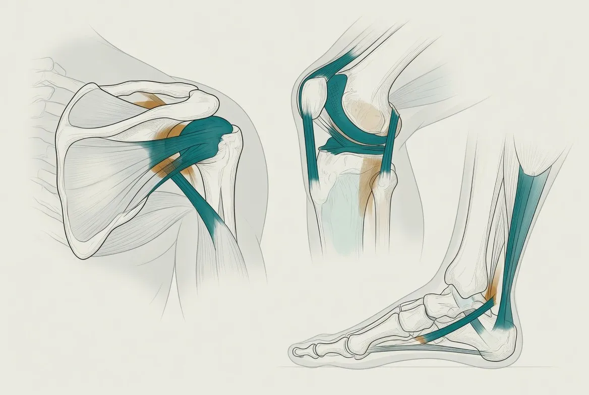 Anatomical diagrams of the shoulder, knee, and ankle showing tendon and ligament structures